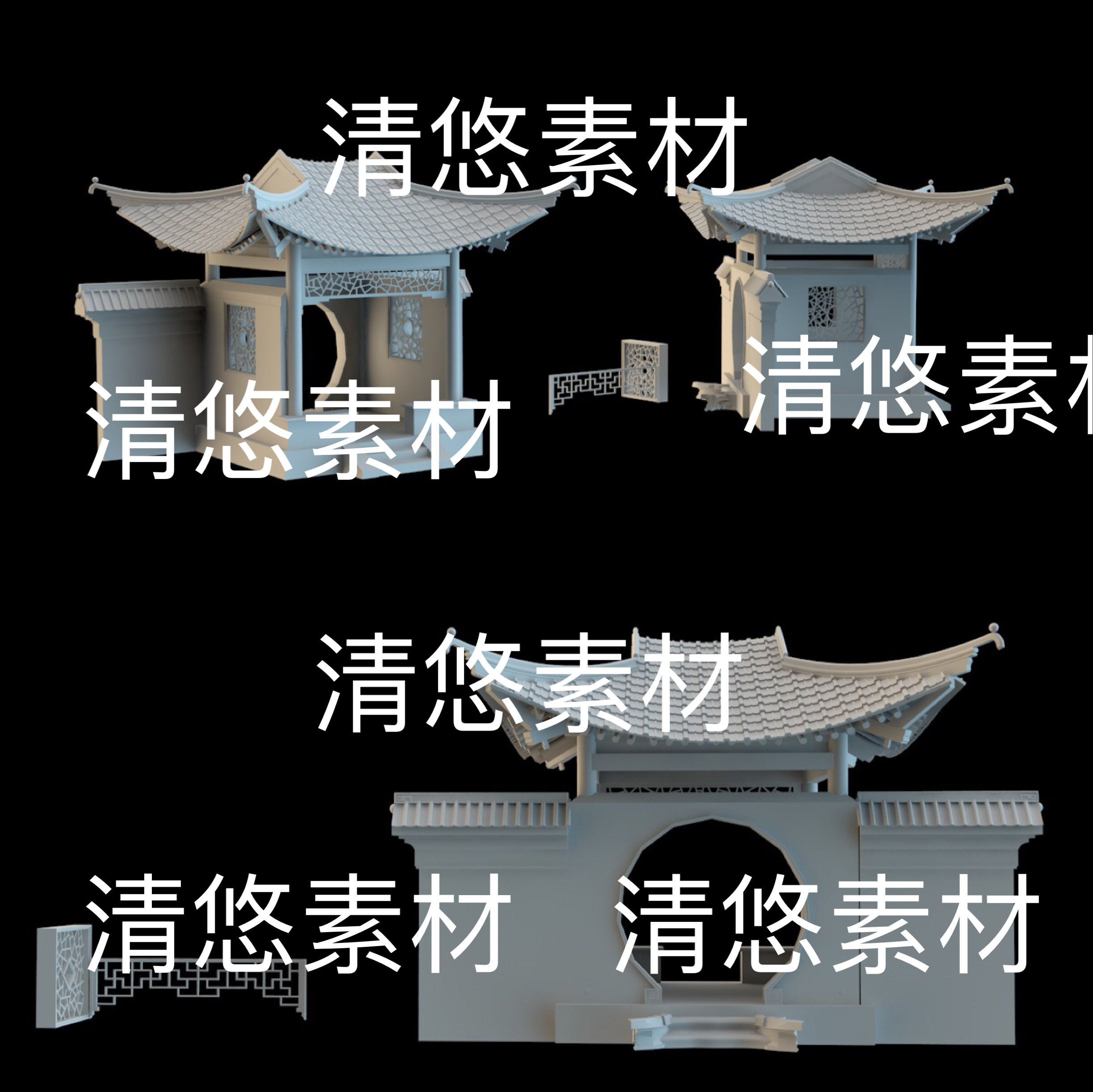 su c4d fbx obj 3ds中式古建筑景墙月洞方亭大门文件 非实物B459