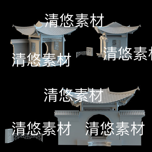 su c4d fbx obj 3ds中式古建筑景墙月洞方亭大门文件 非实物B459