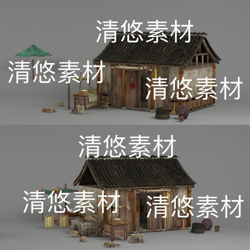 3dmax c4d fbx obj古风建筑居民房子土灶瓦片劈柴文件 非实物D482