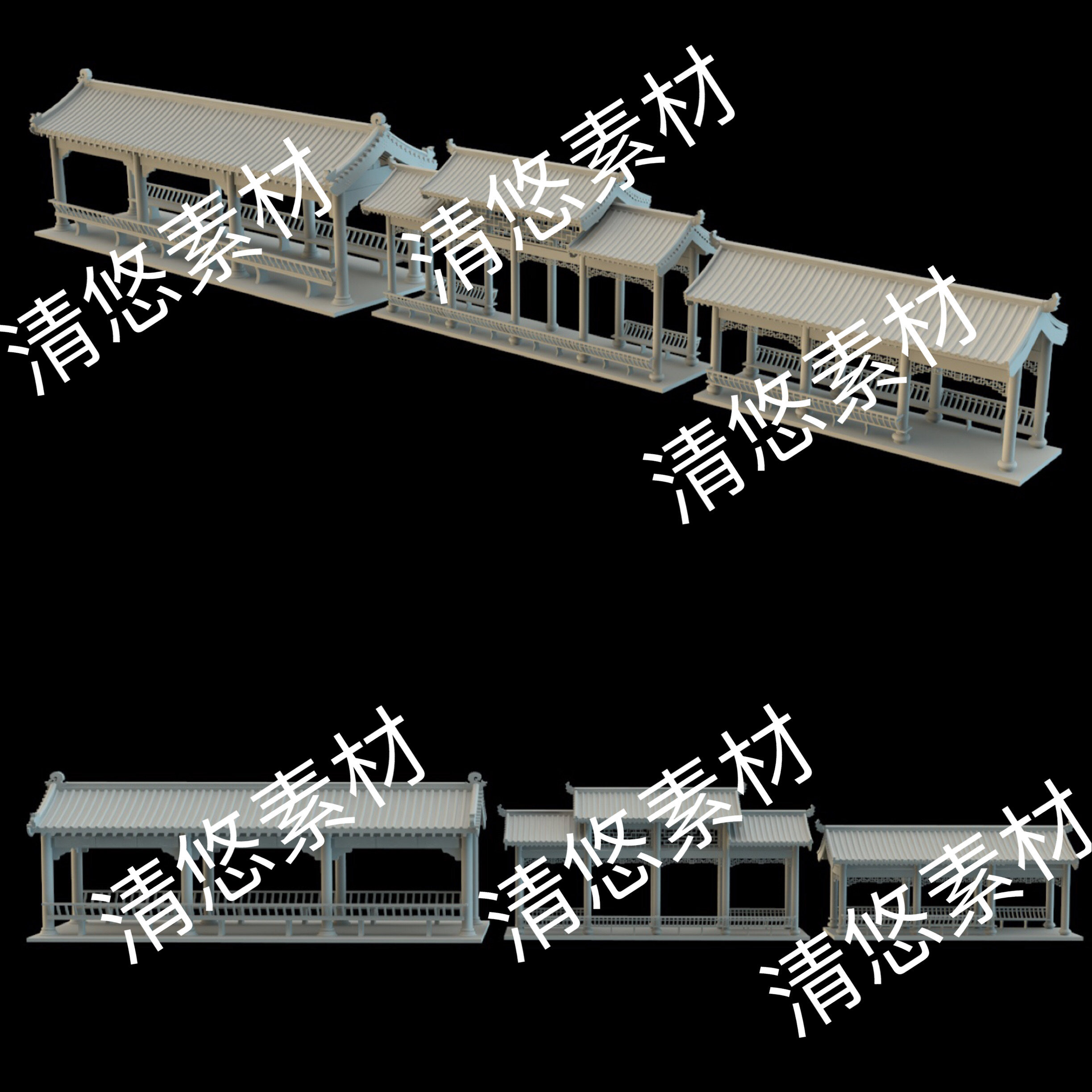 3dmax c4d fbx obj格式古建筑中式花格椅子长廊文件 非实物B735