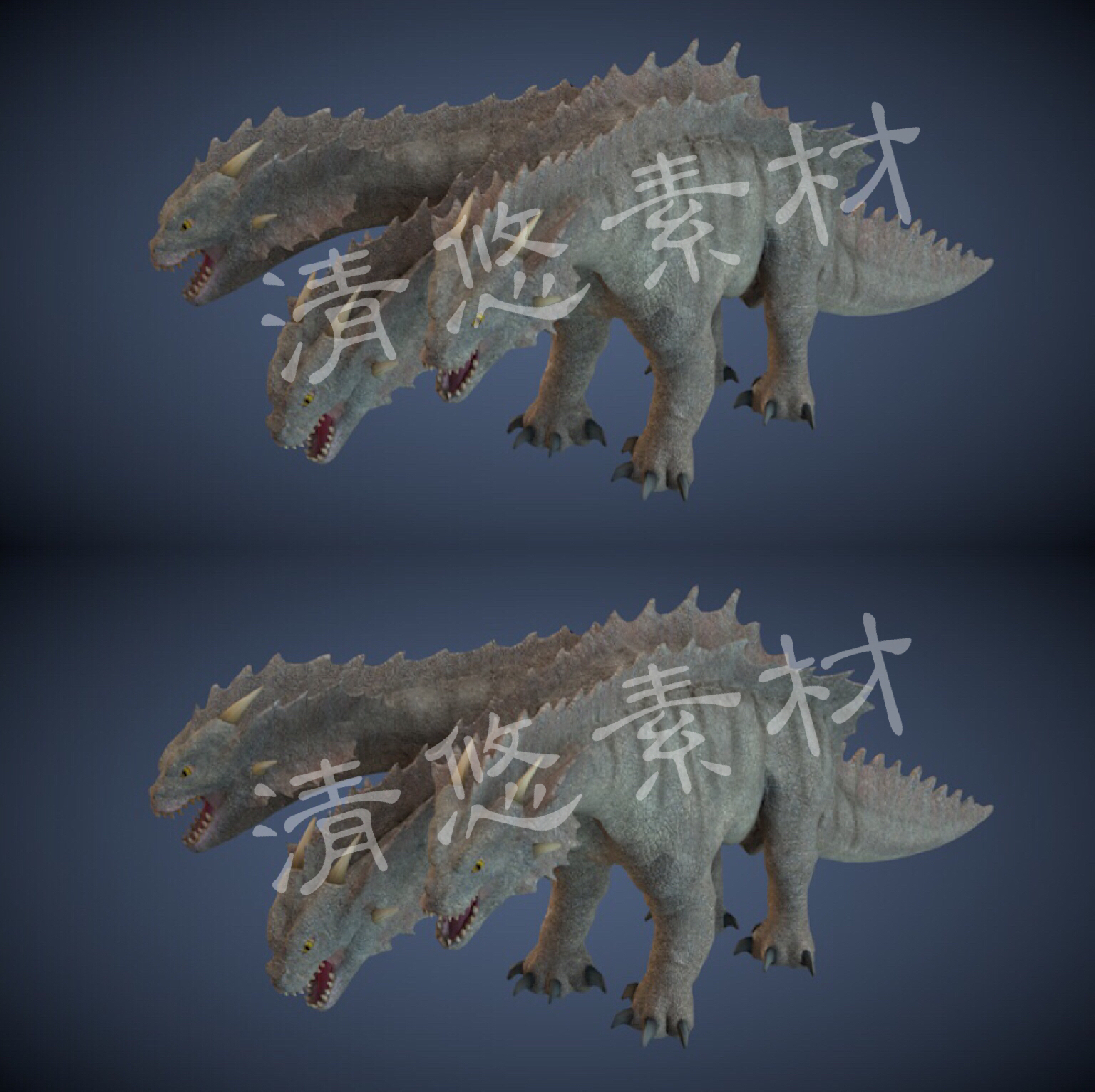 unity c4d fbx三头龙怪物恶恐龙龙四足动物模型骨骼绑定带动画 A8