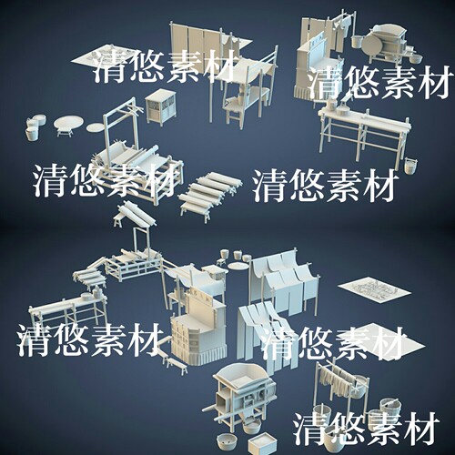 3dmax c4d fbx obj古代打谷织布机桶簸箕板凳架子文件 非实物A787