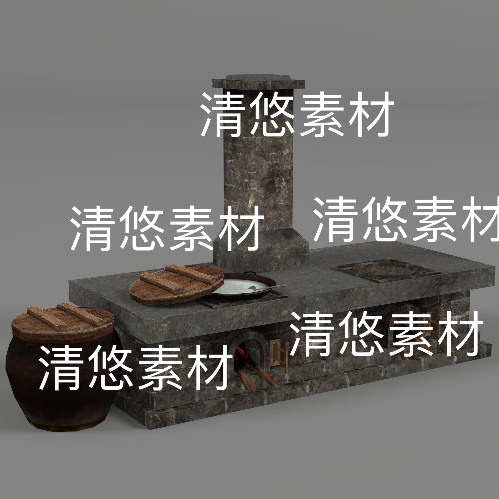 c4d fbx obj格式乡村农户灶台水缸模型文件 非实物D948