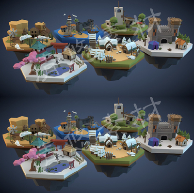 6个多边形卡通Low Poly场景c4d fbx城堡古建筑沙漠文件 非实物924