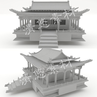 maya fbx obj古代建筑单体模型建筑古代房子 白模设计参考945 c4d