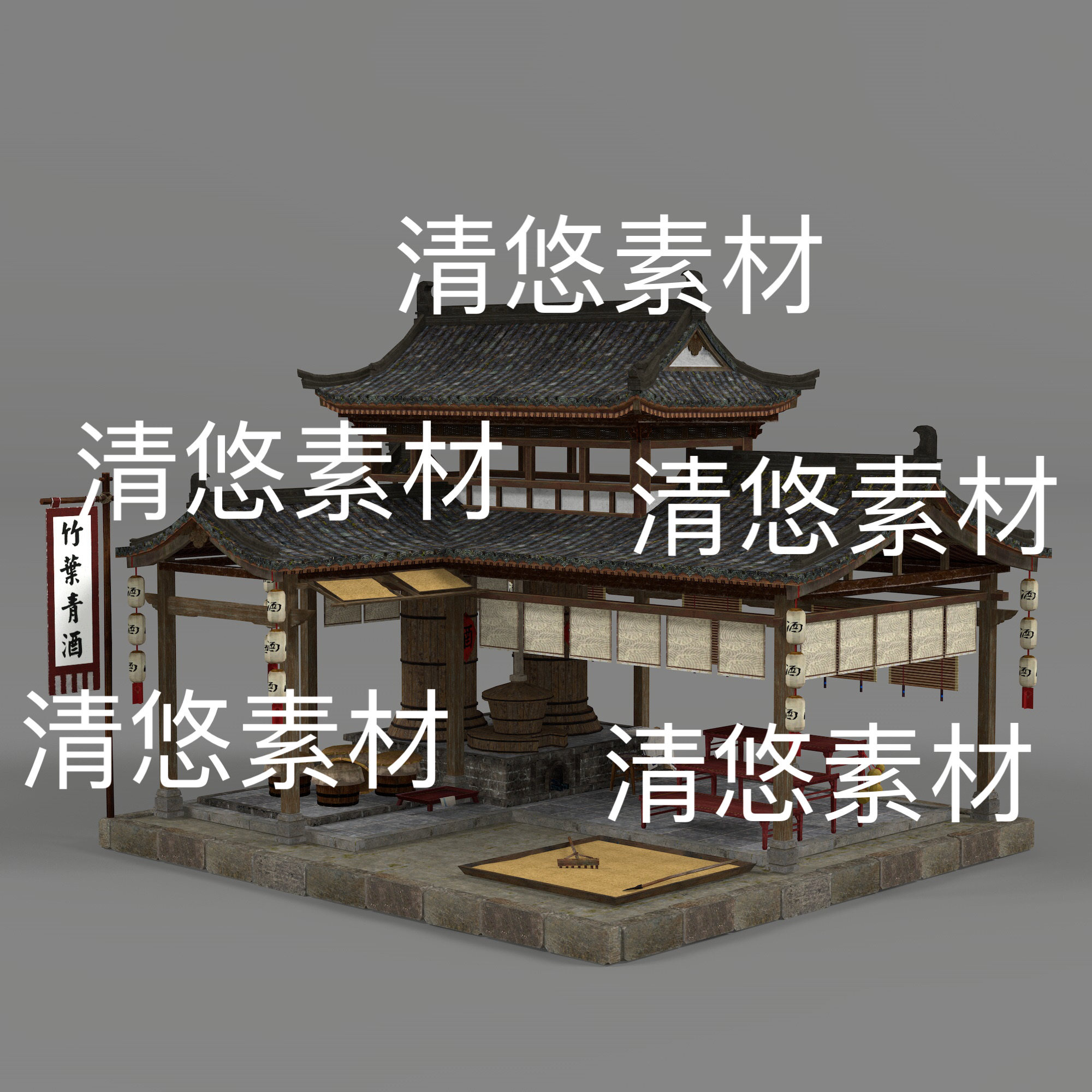 c4d fbx obj格式古建筑旗帜灯笼造酒酒坊酒屋文件 非实物D945