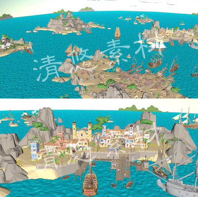 unity c4d fbx卡通场景海盗船海岛城堡码头小镇村庄 非实物A29