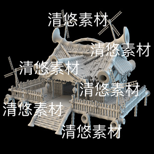 obj格式 3dmax c4d fbx 非实物E35 乡野农村卡通古风竹木小屋文件
