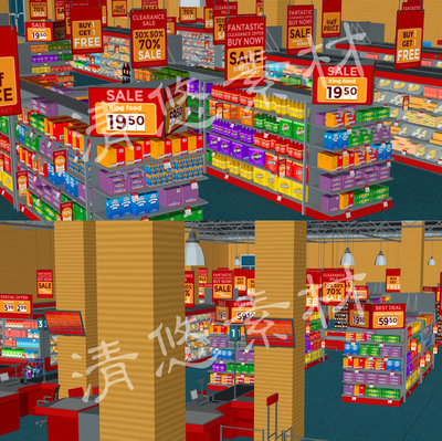 unity maya c4d fbx卡通超市室内模型购物车收银台设施食品 978