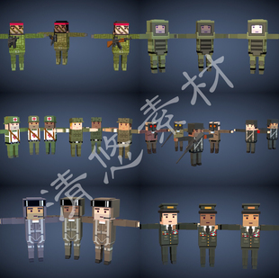 fbx军事射击人物模型警察土匪967 60个骨骼绑定卡通方块人物c4d