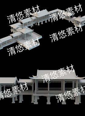 3dmax c4d fbx obj格式古建筑中式古风连廊长廊文件 非实物B716
