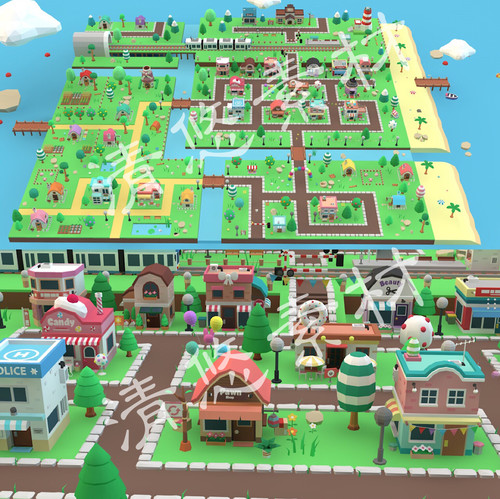 unity场景资源maya 3dmax c4d fbx卡通城市街道低模建筑模型858