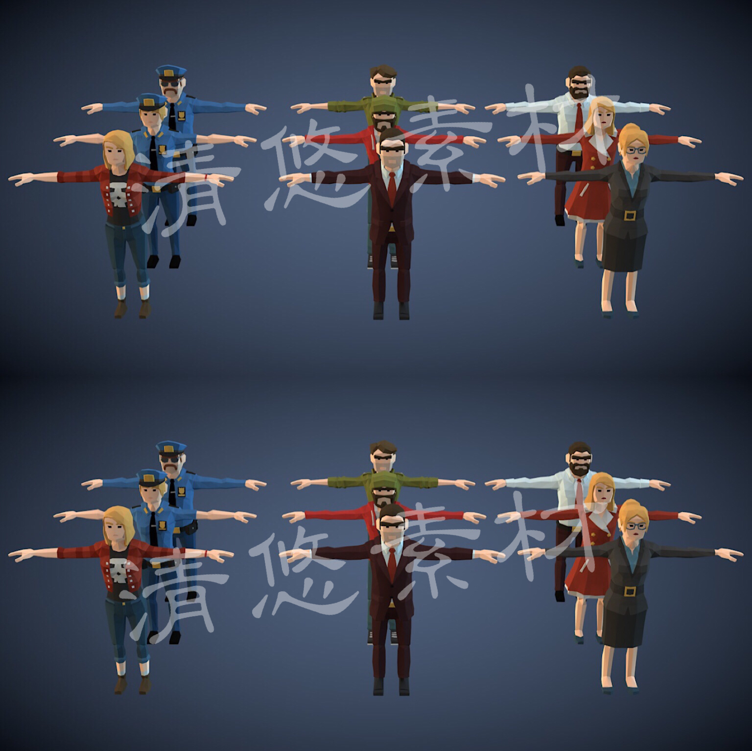多边形卡通人物警察商务男女unity maya c4d fbx骨骼绑定模型A27