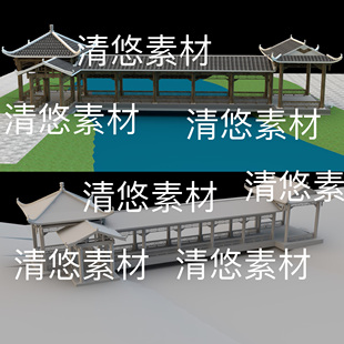 obj格式 3dmax c4d fbx 非实物B747 古建筑长廊连廊地形溪流文件
