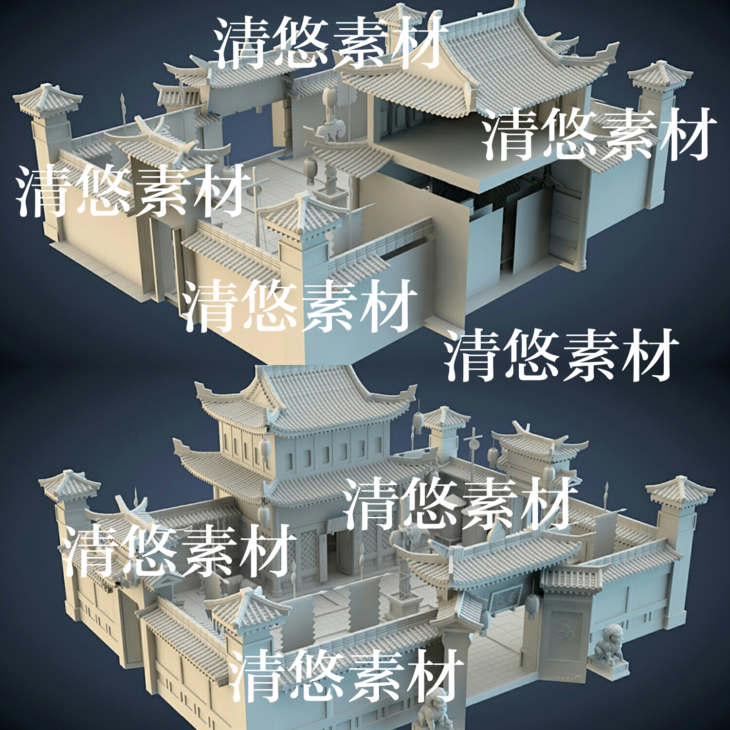 3dmax c4d fbx obj古风建筑房子旗帜镖局围墙场景文件 非实物A686