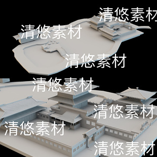 古建筑水池桥房子公园文件 非实物B451 3ds中式 obj c4d fbx