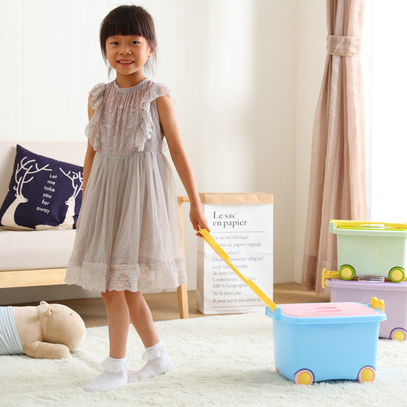 收纳箱塑料卡通手推式玩具整理耐摔滑轮带盖儿童衣物储物箱