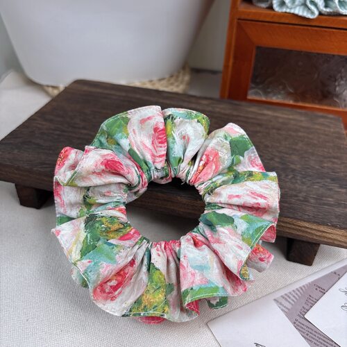 手作粉色油画风纯棉大肠发圈法式田园风双层发圈发绳头绳头花