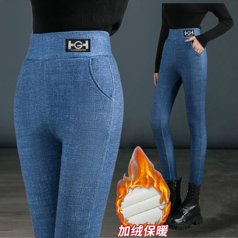 抖音爆款加绒加厚HG羊羔绒口袋打底裤秋冬高腰外穿男女款修身