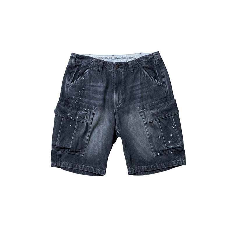 LIBERAIDERS DENIM 6POCKET SHORTS 黑色水洗泼墨短裤 - 实物图