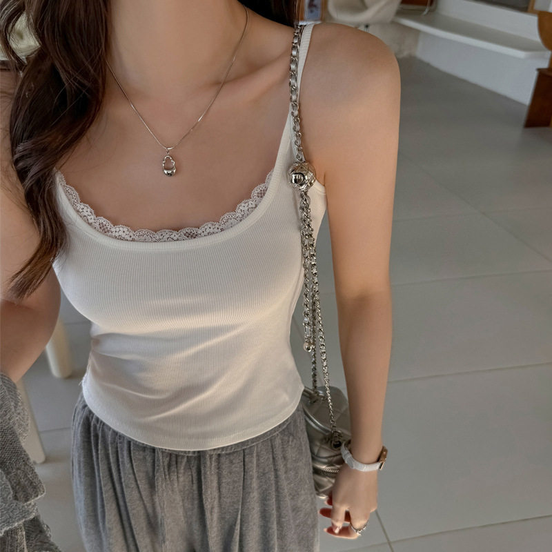 莫代尔纯欲白色蕾丝打底小背心吊带女内搭春夏季设计感可外穿