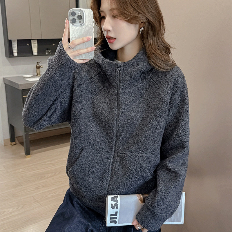 严选秋冬季加绒加厚连帽卫衣外套女款宽松慵懒设计感保暖拉链