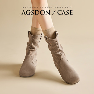 奥古狮登短靴女2025新款冬季加绒复古堆堆马丁靴美拉德西部牛仔靴