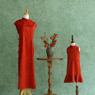 儿童摄影服饰亲子装母女装旗袍石榴红新中式新年主题新款母女同款