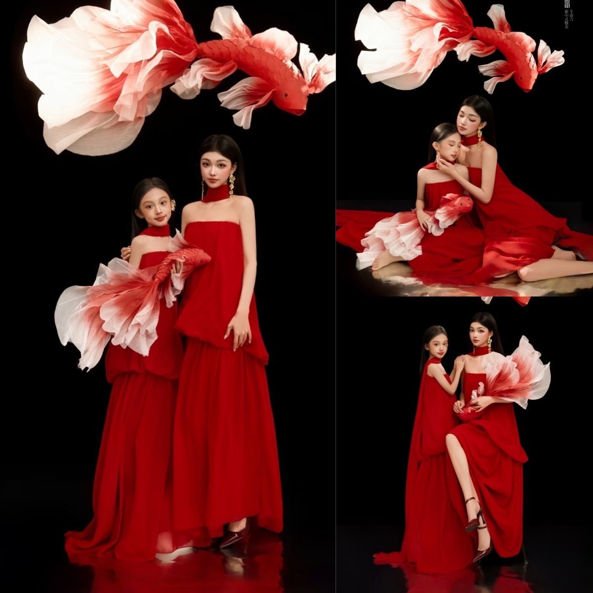 红色礼服锦鲤主题优雅气质母女亲子服装新年好运套装儿童摄影服装