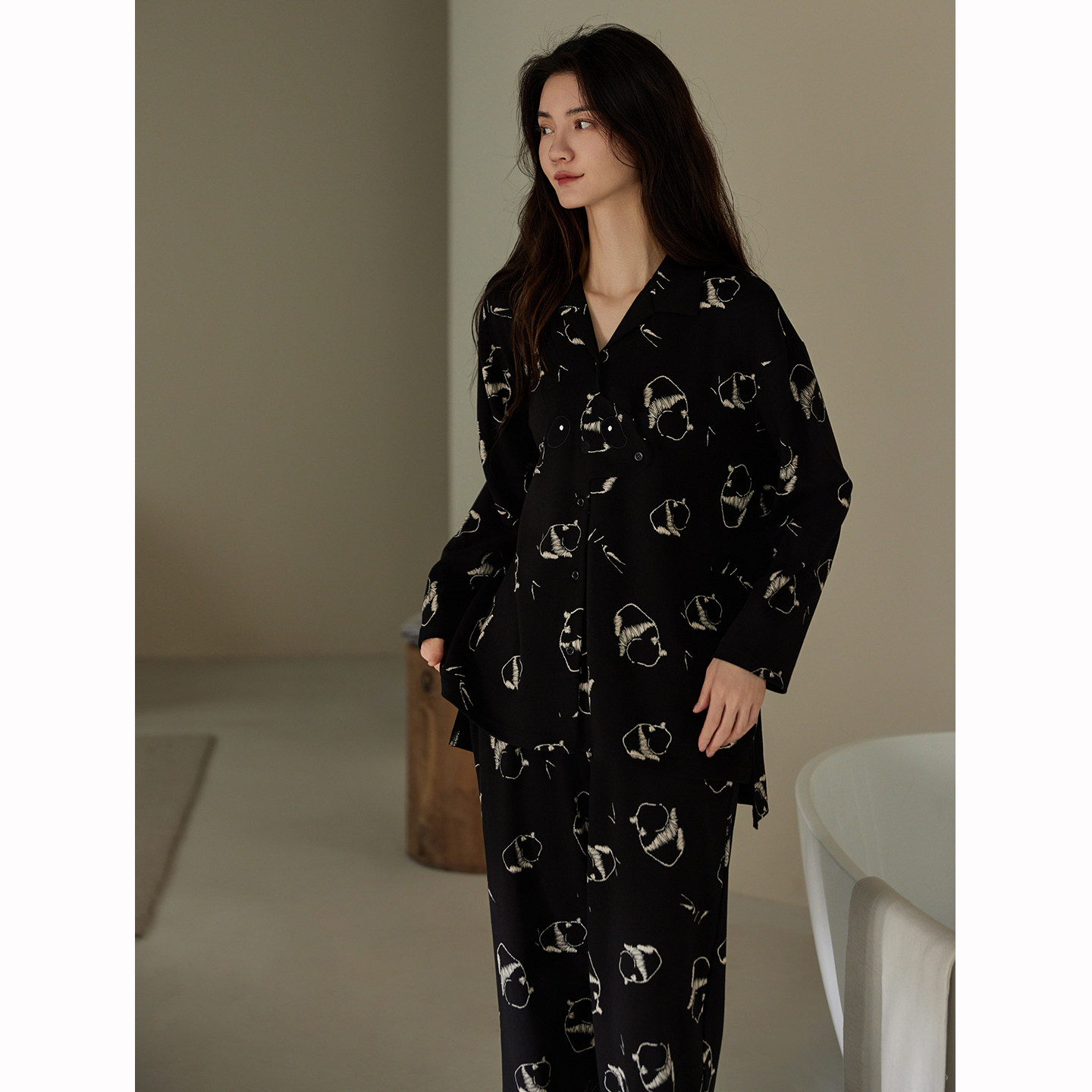 睡衣套装女秋季新款长袖纯棉翻领开衫春秋天卡通黑色家居服可外穿