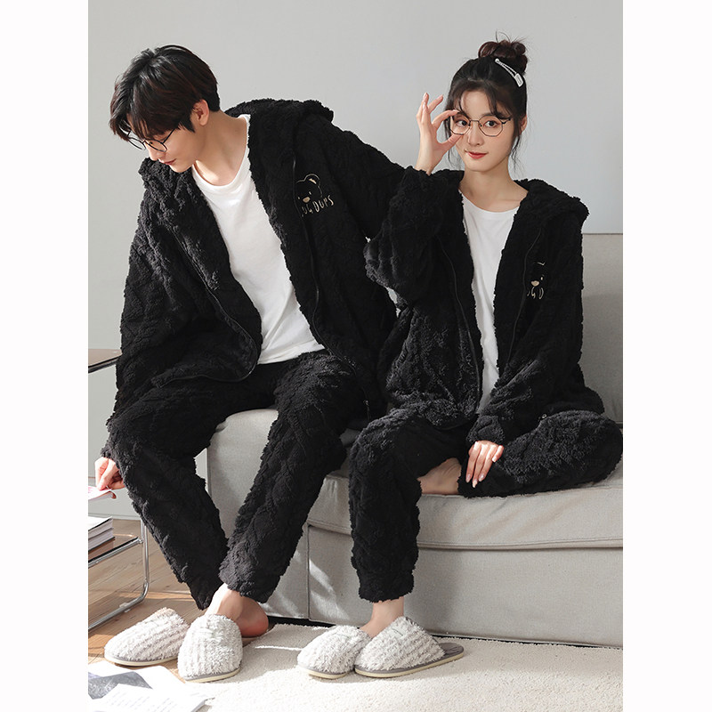 情侣睡衣冬季珊瑚绒可爱连帽拉链家居服女生法兰绒加厚冬款男黑色