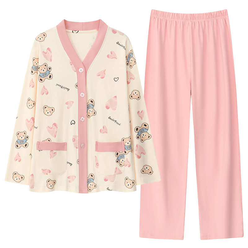 康汝雅女纯棉和服领卡通睡衣套装