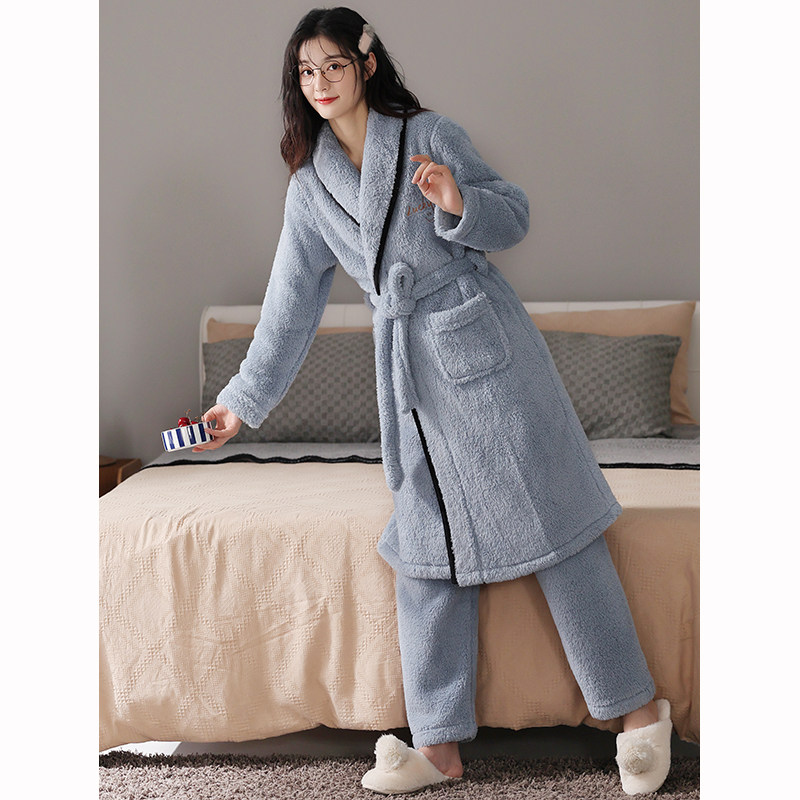 珊瑚绒睡衣女冬季加厚长款睡袍长裤两件套秋冬款法兰绒家居服浴袍