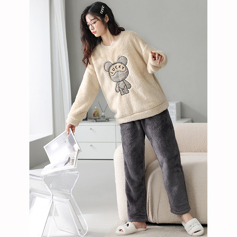 珊瑚绒睡衣女秋冬季加绒加厚卡通可爱家居服法兰绒可出门休闲套装
