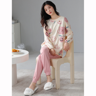 睡衣女士春秋季纯棉长袖休闲宽松家居服束脚圆领全棉套装可外穿款