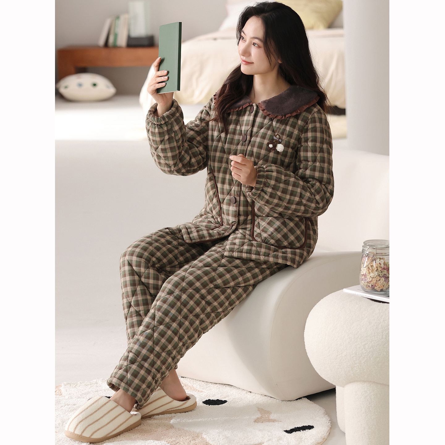 康汝雅冬季加厚纯棉布夹棉家居服