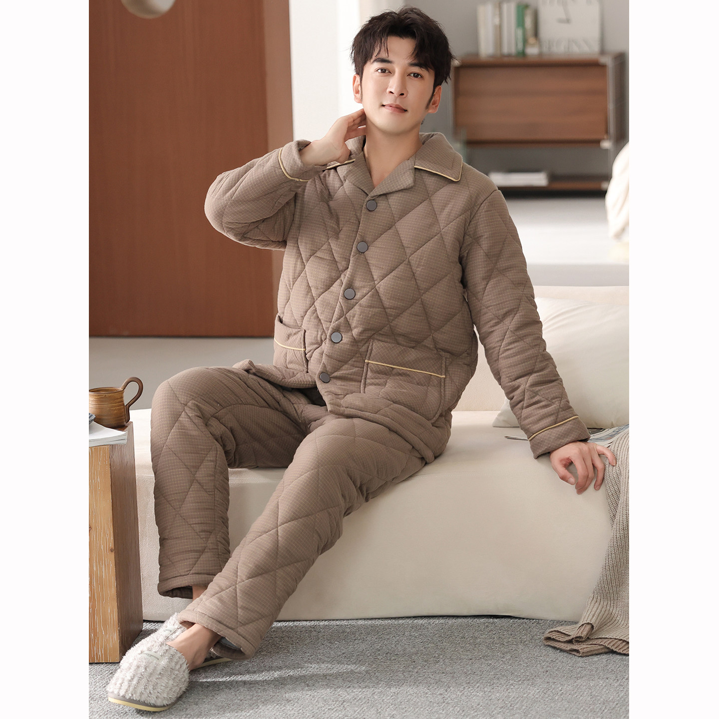男士棉袄睡衣冬季新款纯棉布珊瑚绒夹棉三层加厚格子中老年家居服