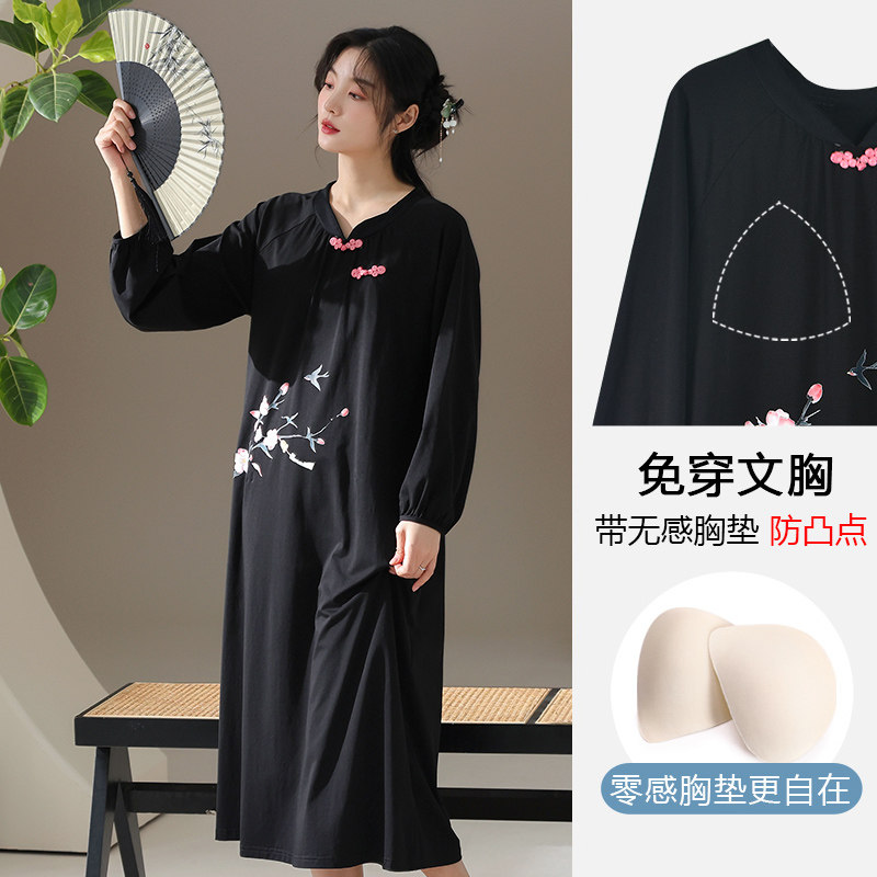 康汝雅纯棉春秋黑色国潮风女睡裙