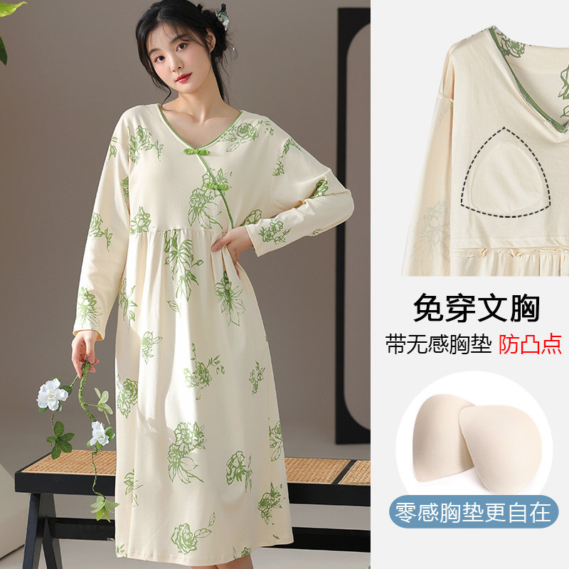 康汝雅纯棉春秋新中式四潮风睡裙