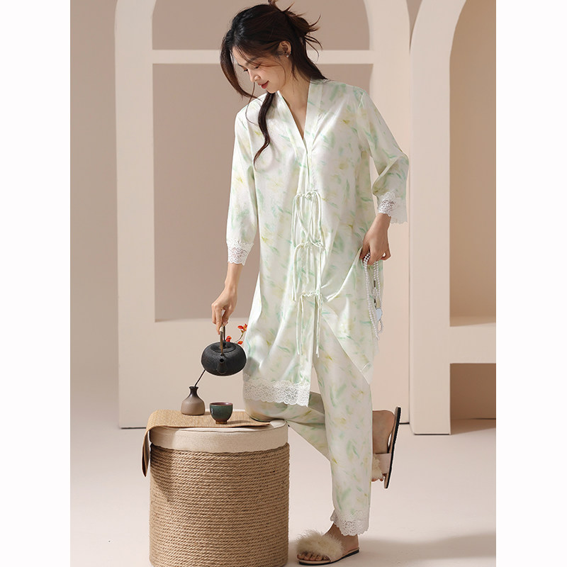 睡衣女春秋季新款冰雪丝八分袖中长款优雅仿真丝绸夏天家居服套装