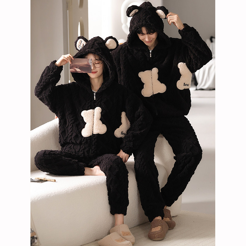 情侣睡衣冬季珊瑚绒可爱卡通拉链连帽家居服女秋冬法兰绒套装男款