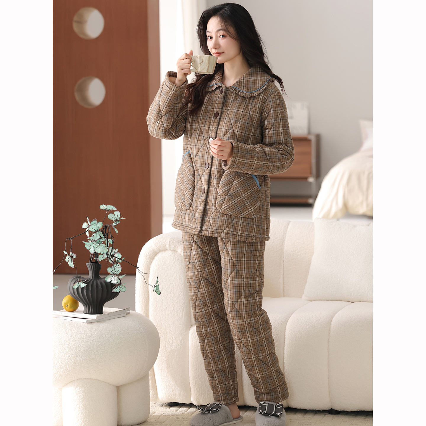 康汝雅冬季加厚纯棉布夹棉家居服