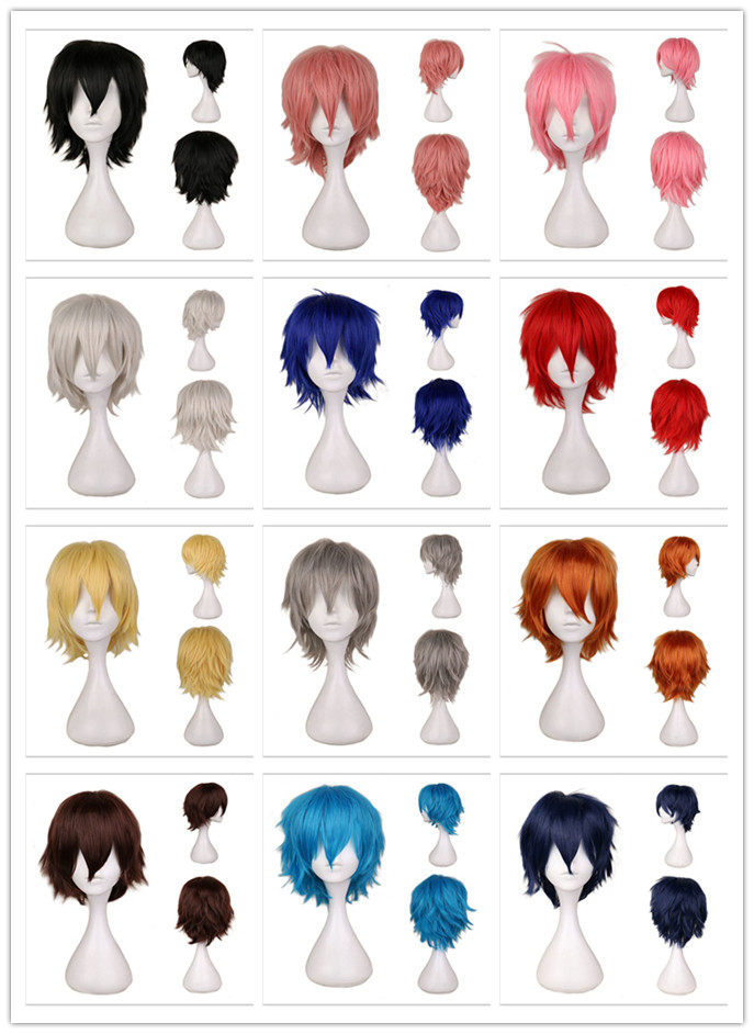 多色入反翘万用cosplay假发】30cm短发收脸msn假毛黑白黄蓝粉