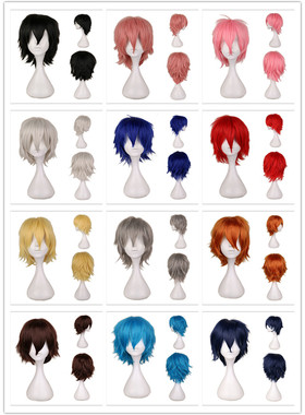 多色入反翘万用cosplay假发】30cm短发收脸msn假毛黑白黄蓝粉