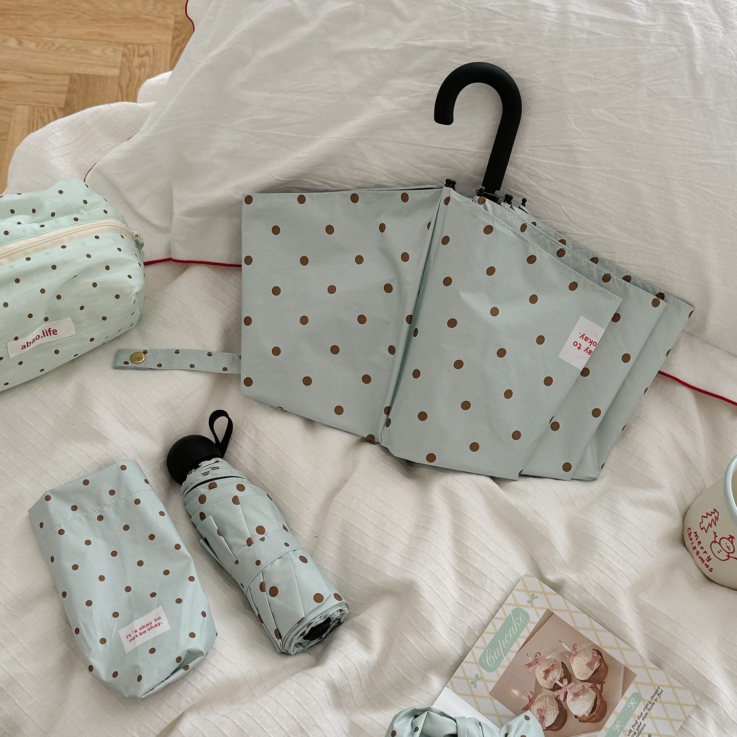 韩系小波点自动折叠雨伞高颜值小清新晴雨两用太阳伞女黑胶遮阳伞