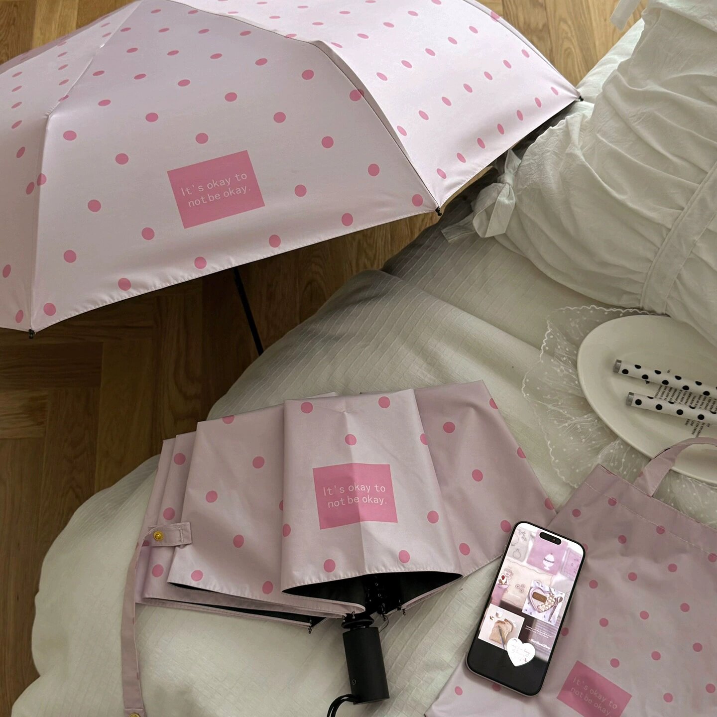 韩系桃粉小波点折叠雨伞防晒紫外线黑胶遮阳伞自动晴雨两用太阳伞