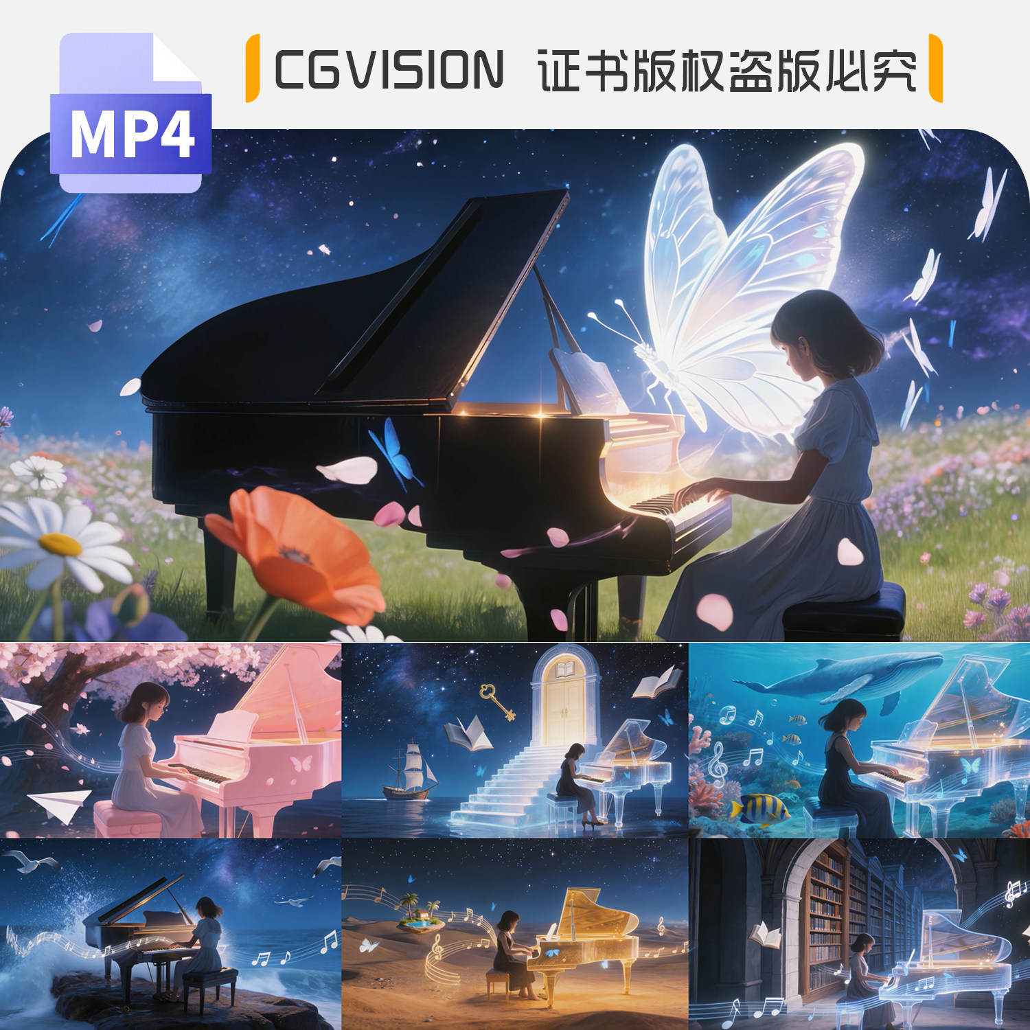 梦幻星空钢琴表演奏音符蝴蝶飞舞儿童节歌曲舞蹈背景宽屏视频素材