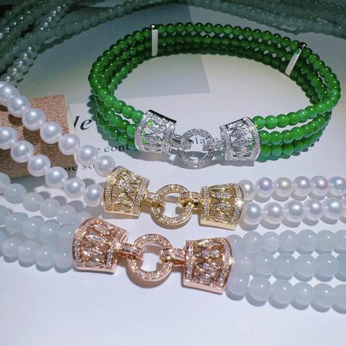 两排三串18K金钻石小米珠扣