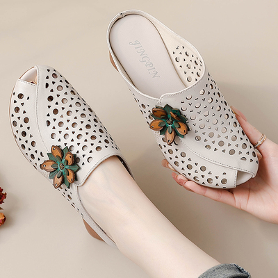 复古民族风高跟拖鞋女外穿真皮