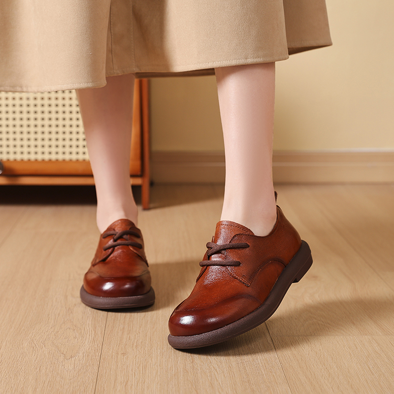 头层牛皮鞋子女2025春秋款百搭舒适女士皮鞋系带平底休闲低跟单鞋